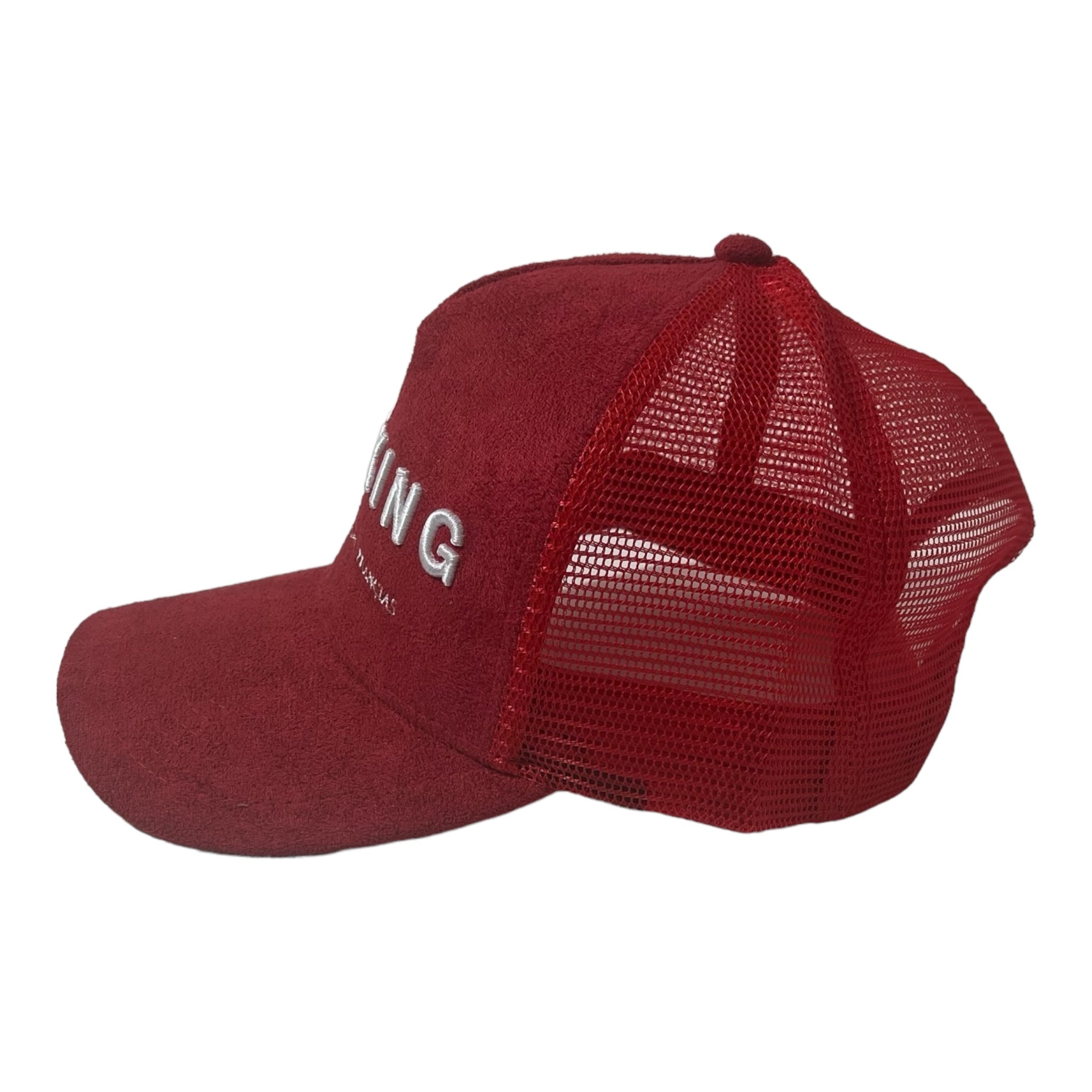 Cherry Red Suede Trucker Hat